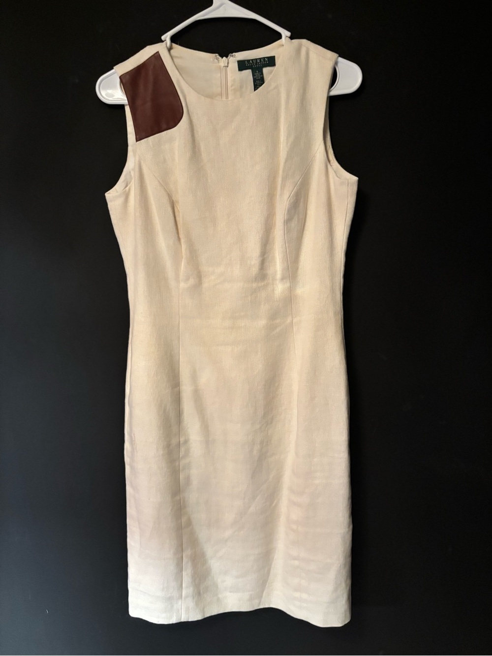 Vintage Ralph Lauren Cream Midi Dress with Brown Shoulder Patch-sz 4